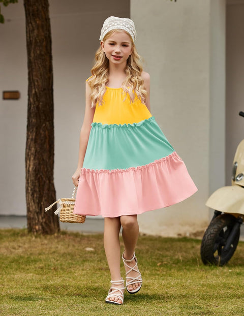Arshiner Girl Dresses Boho A-Line Swing Flowy Ruffle Tiered Sundress with Pockets