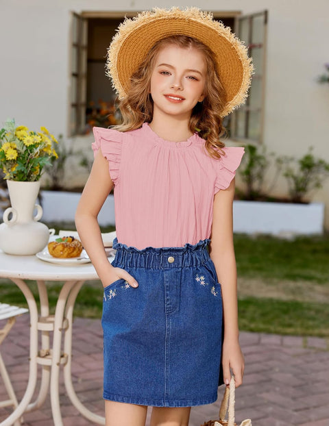 Arshiner Girls Ruffle Short Sleeve Shirts Frill Neck Pleated Blouse Tops