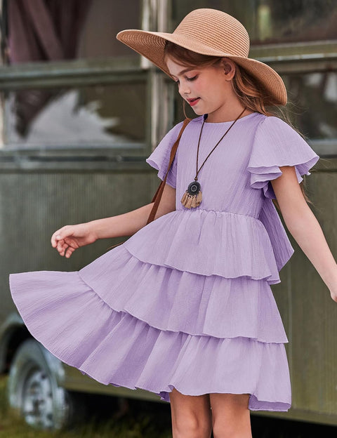 Arshiner Girls Dresses Elegant Ruffle Short Sleeve Back Tie Tiered Dresses