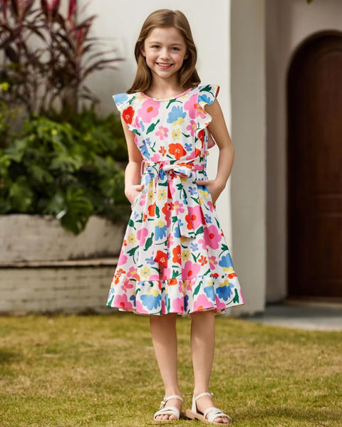 Arshiner Girls Belted Pockets Flutter Sleeve A-line Dresses