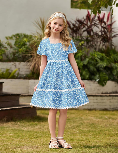 Arshiner Girls Dress Flutter RIC Rac Tiered Short Sleeve Dresses with Pockets