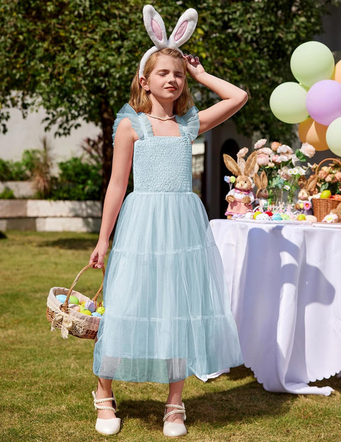 Arshiner Tween Girls Dress Ruffle Sleeve Elastic Straps Smocked Tulle Sundress