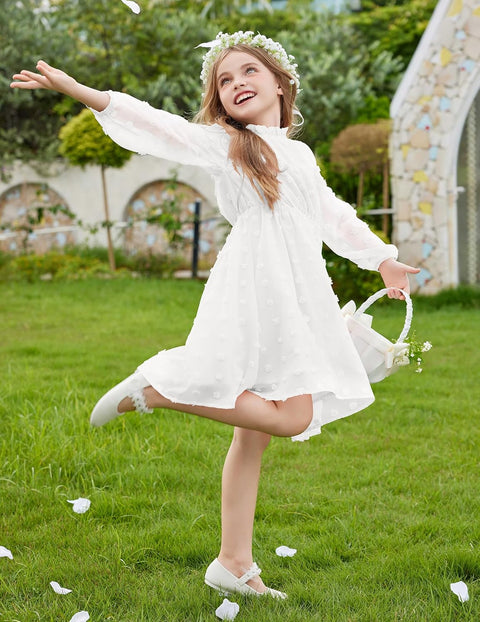 Arshiner Girls Dress Long Sleeve Swiss Dot Ruffle Collar Flowy A-Line Party Dress for Kids 5-13Y