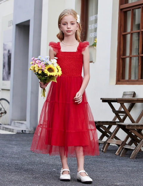 Arshiner Tween Girls Dress Ruffle Sleeve Elastic Straps Smocked Tulle Sundress