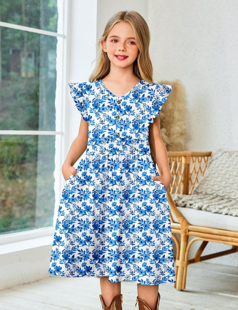 Arshiner Girls Dresses Ruffle Sleeve A-Line V-Neck Sundress