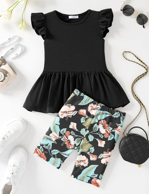 Arshiner Girls 2 Piece Outfit Ruffle Sleeve Peplum Top And Biker Shorts Set