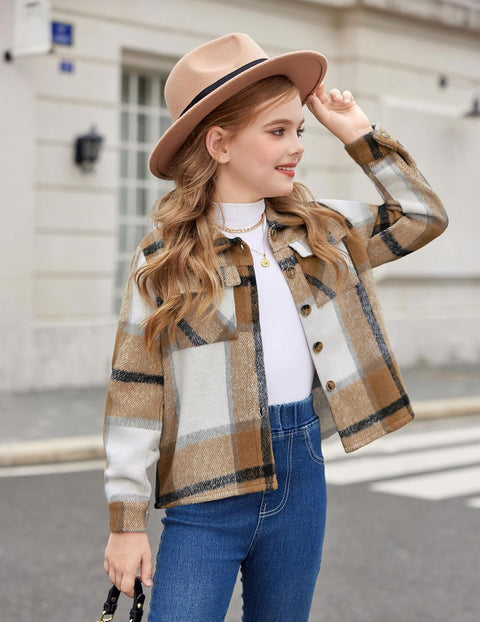 Arshiner Girls Flannel Cropped Shacket Plaid Jacket