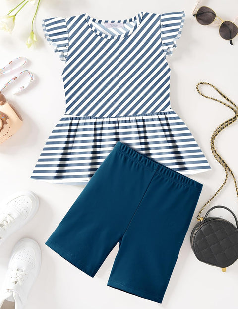 Arshiner Girls 2 Piece Outfit Ruffle Sleeve Peplum Top And Biker Shorts Set