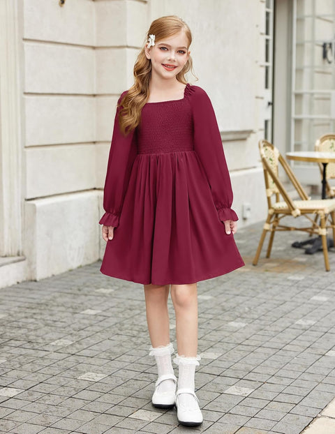 Arshiner Girls Long Sleeve Smocked Skater Elegant Dress with Pockets