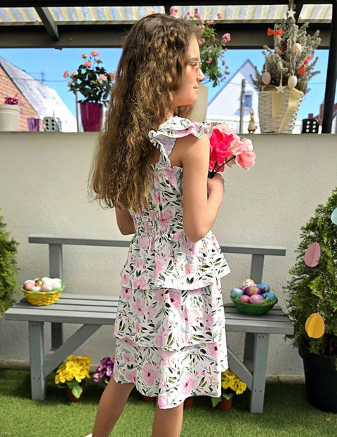 [6-14Y] Arshiner Girls Dresses Ruffle Flutter Sleeve Floral Tiered Party Dress