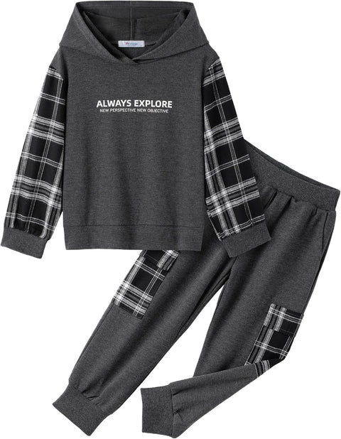 Arshiner Boys Plaid & Letter Graphic Hoodie Sweatshirt and Sweatpants