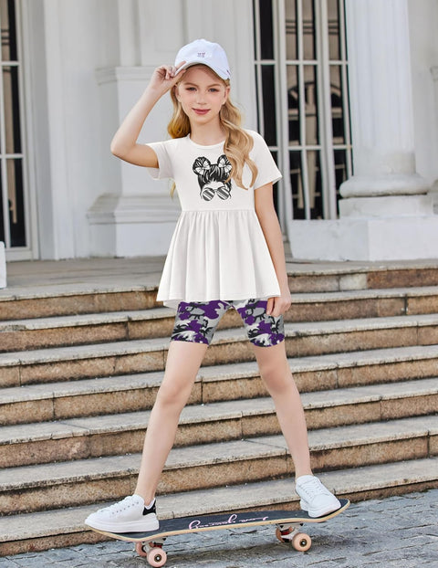 Arshiner Girls Summer Outfits Short Sleeve Ruffle Hem Top and Biker Shorts Set Girl Clothes 6-14 Years