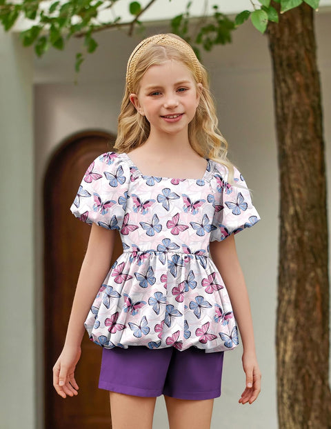 Arshiner Girls 2 Piece Sets Puffed Sleeve Bubble Hem Tops and Short Set
