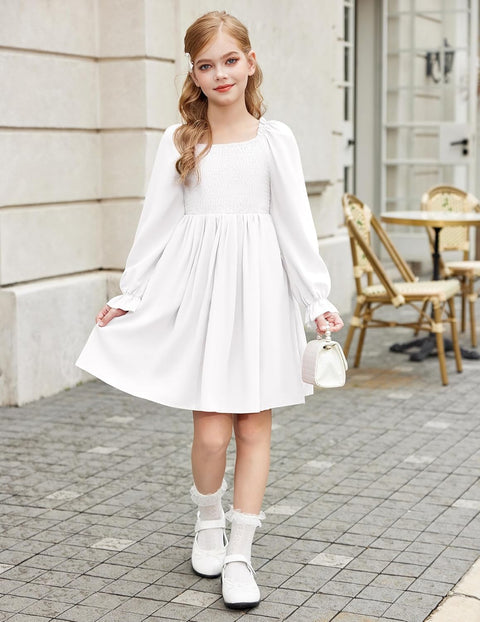 Arshiner Girls Long Sleeve Smocked Skater Elegant Dress with Pockets