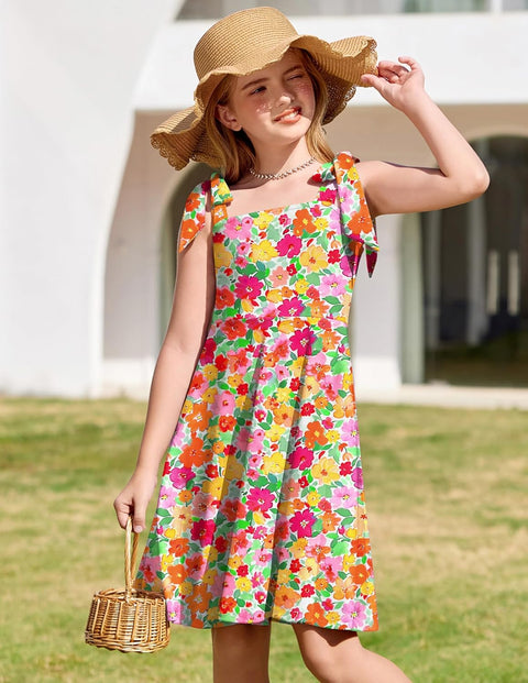 [6Y-11Y] Arshiner Girls Dress Tie Strap Solid Color Party Dresses