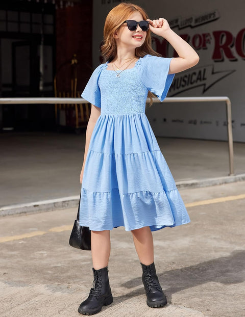 Arshiner Girls Dress Boho Smocked Swing Flowy Ruffle Midi Dresses
