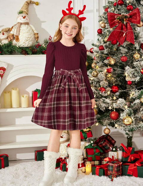 Arshiner Girls Dresses Puff Long Sleeve Rib Knit Plaid Belted Dress