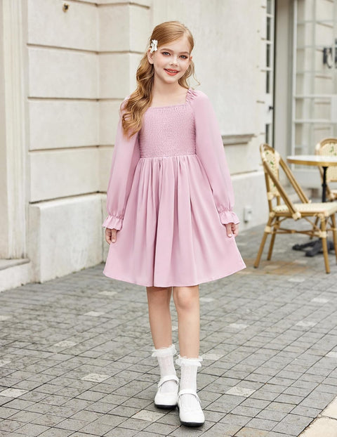 Arshiner Girls Long Sleeve Smocked Skater Elegant Dress with Pockets