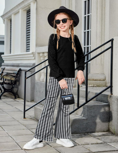 Arshiner Girls 2 Piece Outfits Knit Tulle Puff Top and Flare Pants Set