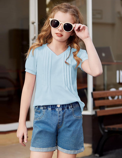 Arshiner Girls Puff Short Sleeve Shirts Pleated Tunic Top