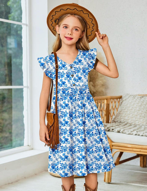 Arshiner Girls Dresses Ruffle Sleeve A-Line V-Neck Sundress