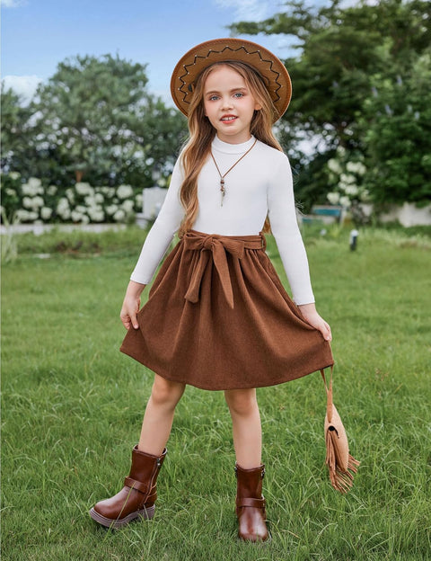 Arshiner Girls Dresses Long Sleeve Rib Knit Plaid Patchwork Belted Dress