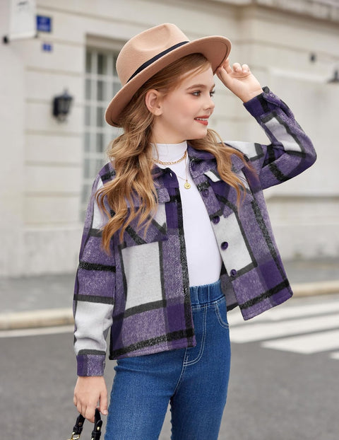 Arshiner Girls Flannel Cropped Shacket Plaid Jacket