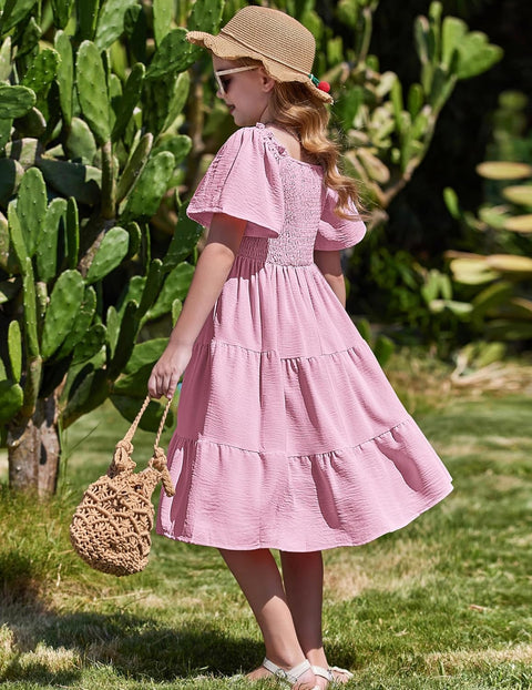 Arshiner Girls Dress Boho Smocked Swing Flowy Ruffle Midi Dresses