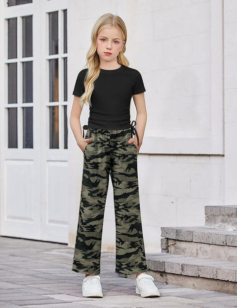 Arshiner Girls Sets Ruched Drawstring Tops and Wide Leg Pants