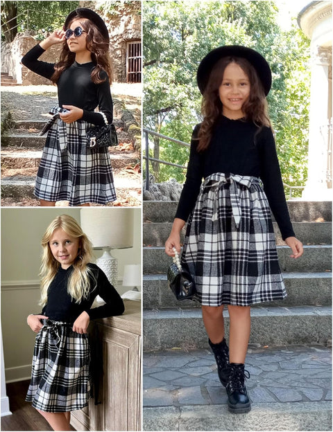 Arshiner Girls Dresses Long Sleeve Rib Knit Plaid Patchwork Belted Dress