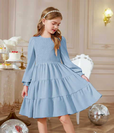 Arshiner Girls Dress Fall Boho Long Sleeve Shirred Smocked Tiered Party Dresses