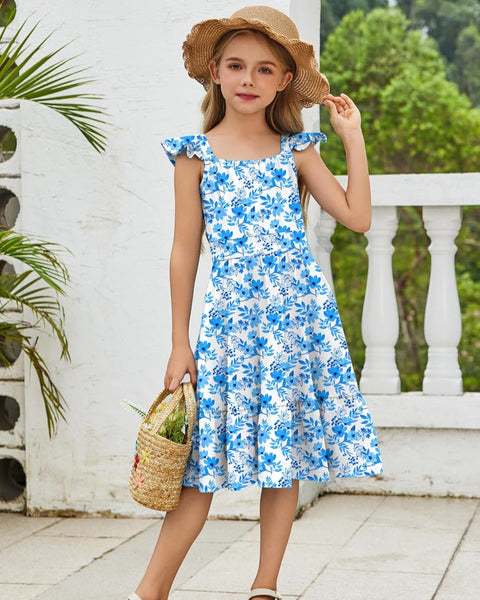 Arshiner Girls Dress Casual Flutter Sleeve Tiered Midi Sundress