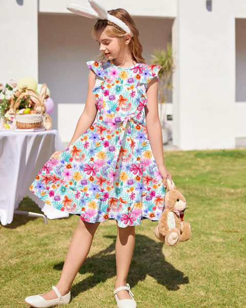 Arshiner Girls Belted Pockets Flutter Sleeve A-line Dresses