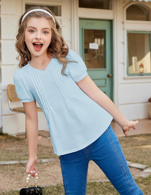 Arshiner Girls Puff Short Sleeve Shirts Pleated Tunic Top