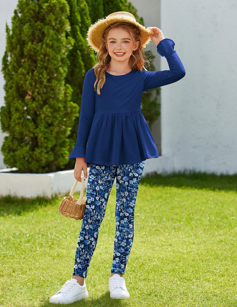 Arshiner Girls 2 Piece Set Floral Ruffle Hem Bell Sleeve Top and Leggings