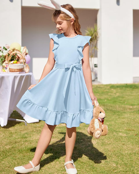 Arshiner Girls Belted Pockets Flutter Sleeve A-line Dresses