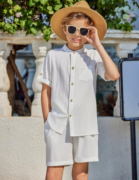 Arshiner Boy's 2 Piece Outfit Short Sleeve Textured Shirt and Short Sets