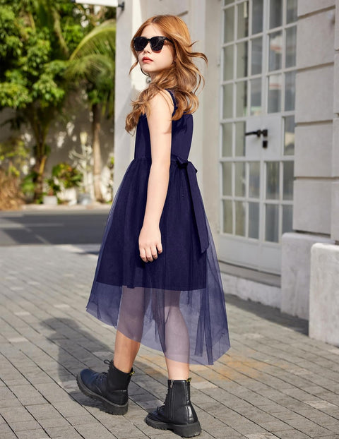 Arshiner Girls Dresses Formal Party Tulle Contrast Mesh Dress with Belt