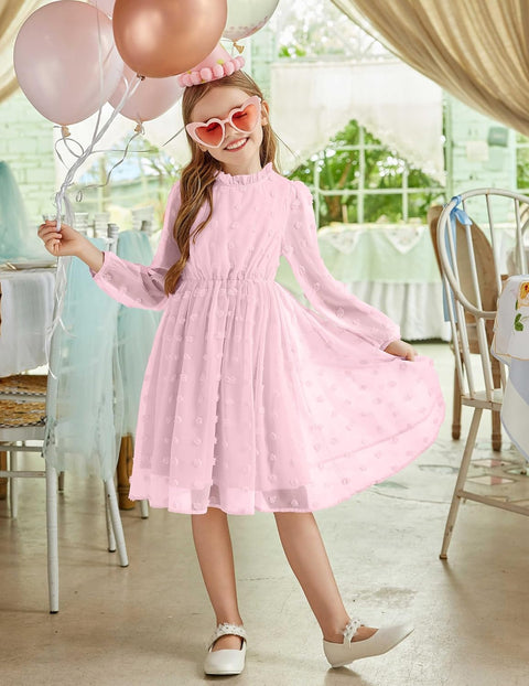 Arshiner Girls Dress Long Sleeve Swiss Dot Ruffle Collar Flowy A-Line Party Dress for Kids 5-13Y