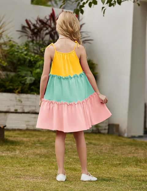 Arshiner Girl Dresses Boho A-Line Swing Flowy Ruffle Tiered Sundress with Pockets