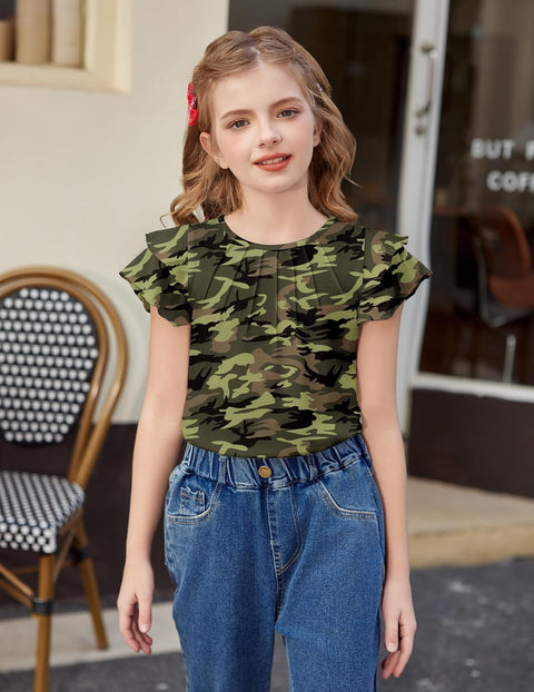 Arshiner Girls T Shirts Ruffle Short Sleeve Pleated Casual Tops