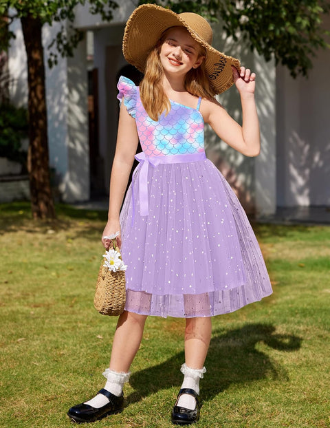 Arshiner Girls Dresses One Shoulder Ruffle Formal Tulle Dress