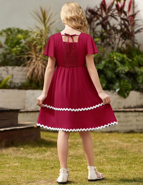 Arshiner Girls Dress Flutter RIC Rac Tiered Short Sleeve Dresses with Pockets