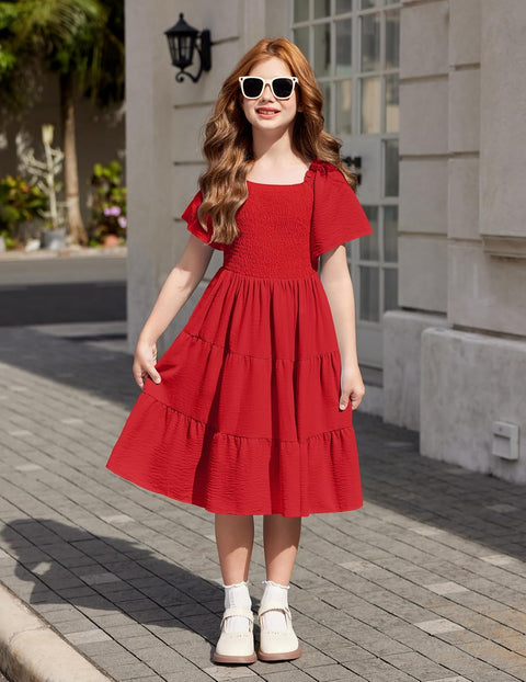 Arshiner Girls Dress Boho Smocked Swing Flowy Ruffle Midi Dresses