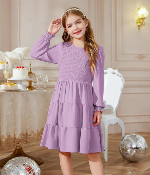 Arshiner Girls Dress Fall Boho Long Sleeve Shirred Smocked Tiered Party Dresses