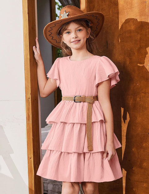 Arshiner Girls Dresses Elegant Ruffle Short Sleeve Back Tie Tiered Dresses