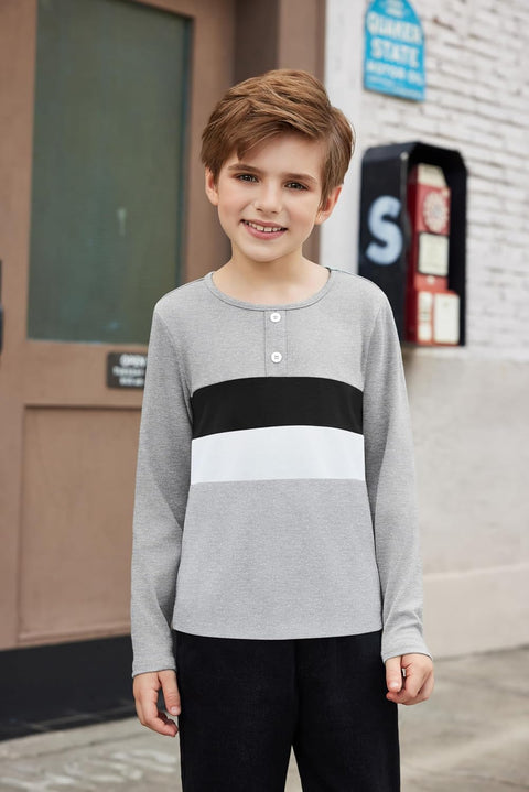 Arshiner Kids Boys Henley Shirts Cotton Long Sleeve T-Shirts Color Block Tee