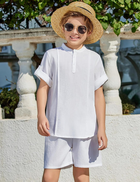 Arshiner Boy's 2 Pieces Linen Sets Henley Shirt and Shorts 5-12 Years