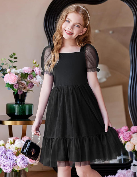 【6-16Y】Arshiner Girls Dresses Tulle Bow Tie Back Puff Sleeve Dress