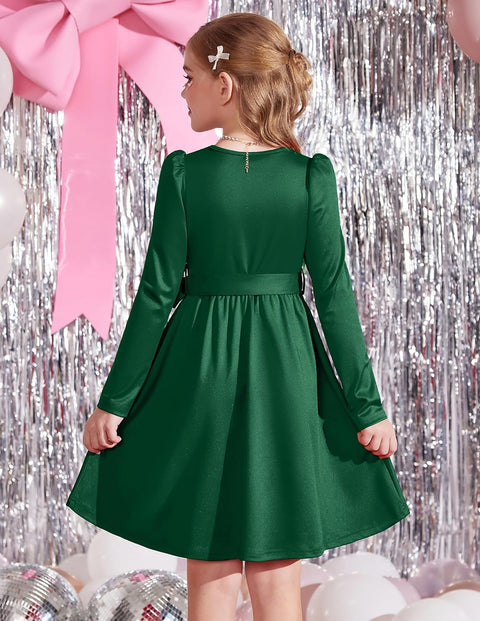 Arshiner Girls Dresses Puff Long Sleeve Formal Belted Dress